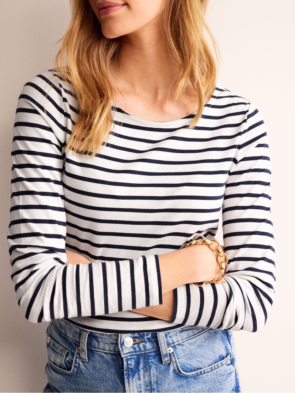 BODEN Ella Long Sleeve Breton Striped Boatneck Top - black/White